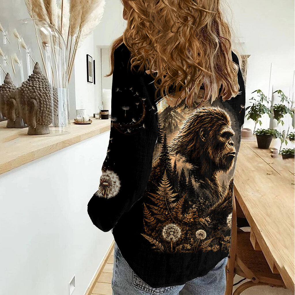 Bigfoot Blowing Wishes Dandelion Women Casual Shirt Vintage Sasquatch Art Forest Mountain Nature