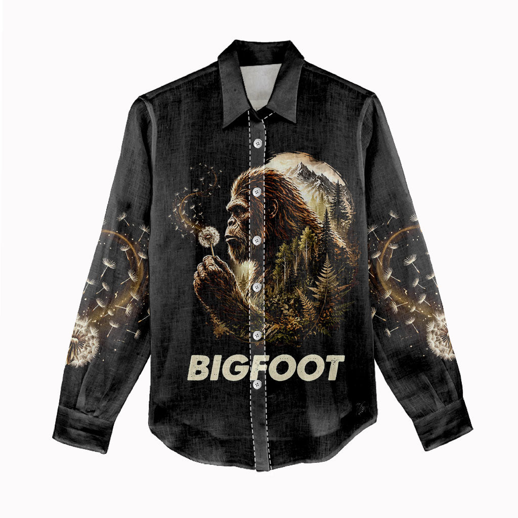 Bigfoot Blowing Wishes Dandelion Women Casual Shirt Vintage Sasquatch Art Forest Mountain Nature
