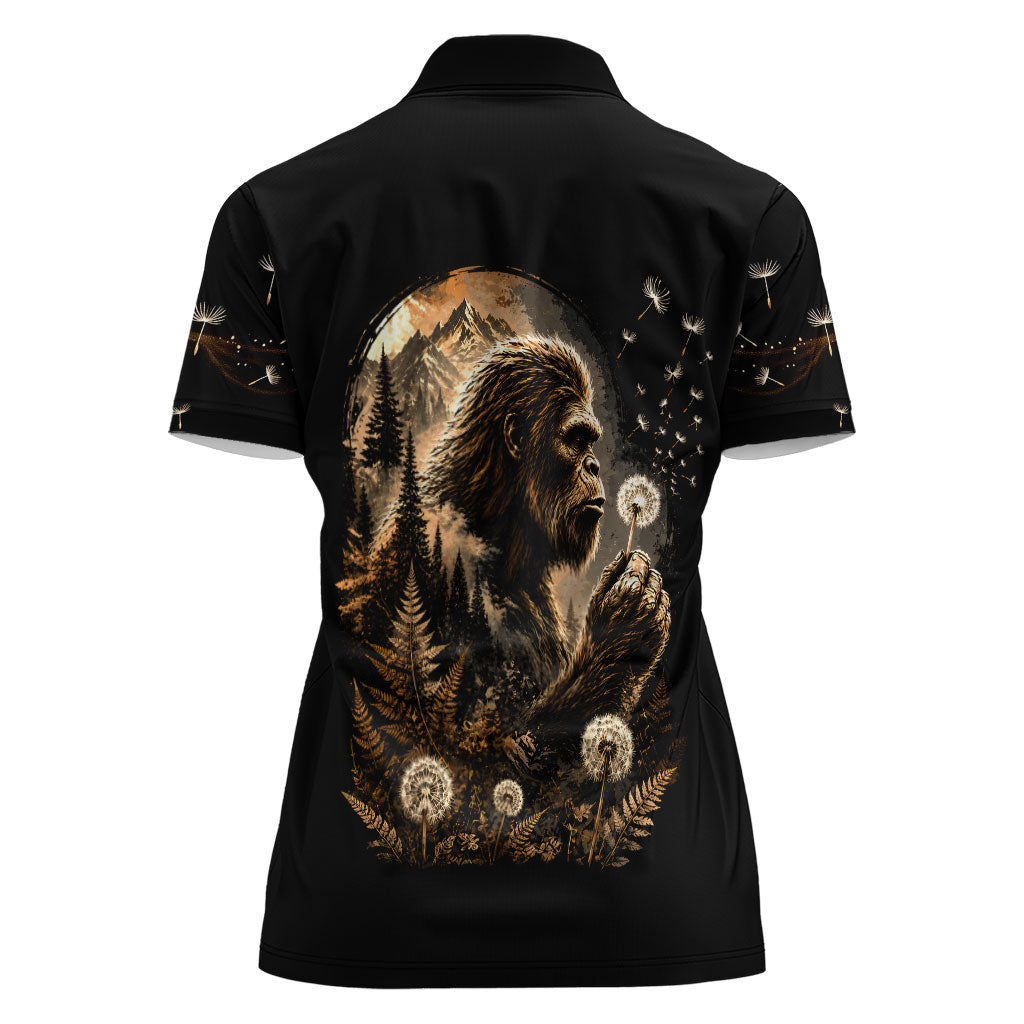 Bigfoot Blowing Wishes Dandelion Women Polo Shirt Vintage Sasquatch Art Forest Mountain Nature