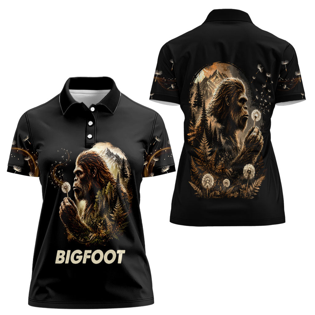 Bigfoot Blowing Wishes Dandelion Women Polo Shirt Vintage Sasquatch Art Forest Mountain Nature