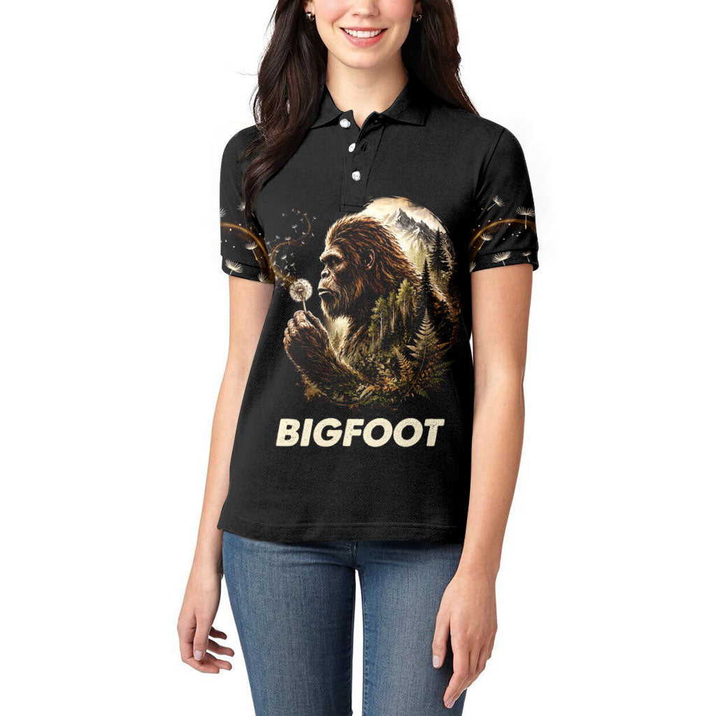 Bigfoot Blowing Wishes Dandelion Women Polo Shirt Vintage Sasquatch Art Forest Mountain Nature