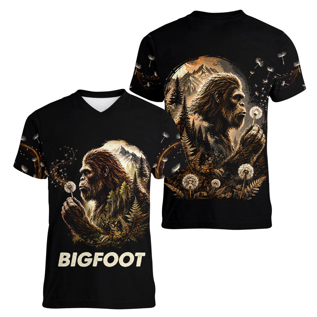 Bigfoot Blowing Wishes Dandelion Women V-Neck T-Shirt Vintage Sasquatch Art Forest Mountain Nature