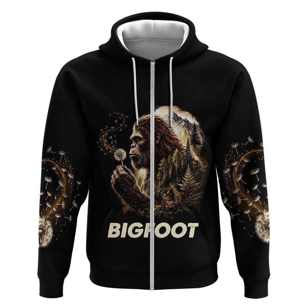 Bigfoot Blowing Wishes Dandelion Zip Hoodie Vintage Sasquatch Art Forest Mountain Nature