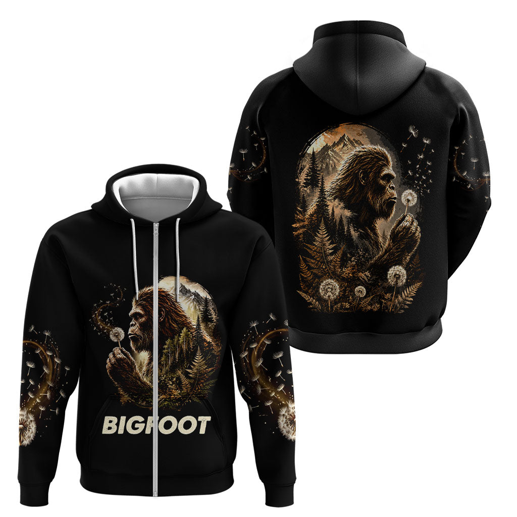 Bigfoot Blowing Wishes Dandelion Zip Hoodie Vintage Sasquatch Art Forest Mountain Nature