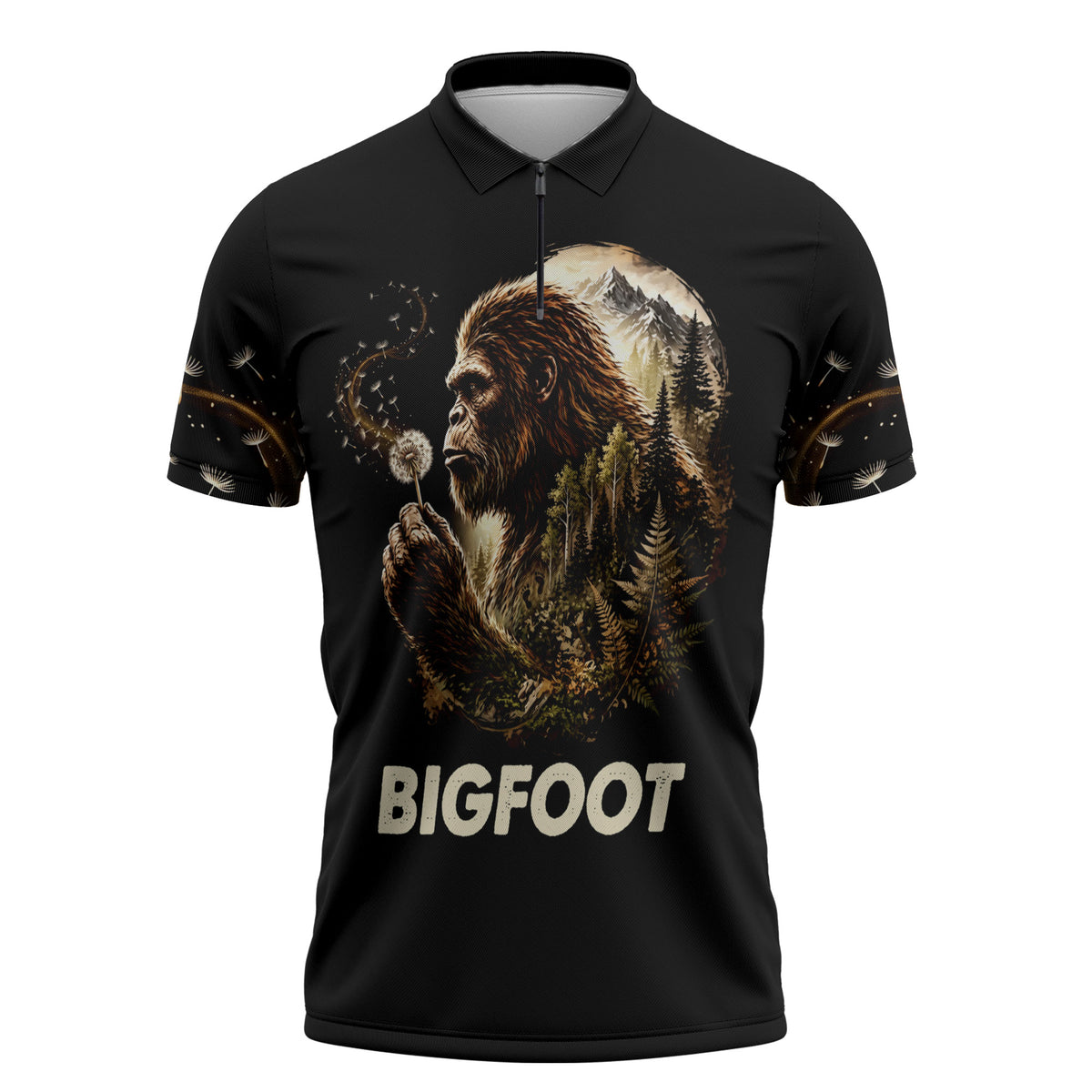 Bigfoot Blowing Wishes Dandelion Zipper Polo Shirt Vintage Sasquatch Art Forest Mountain Nature