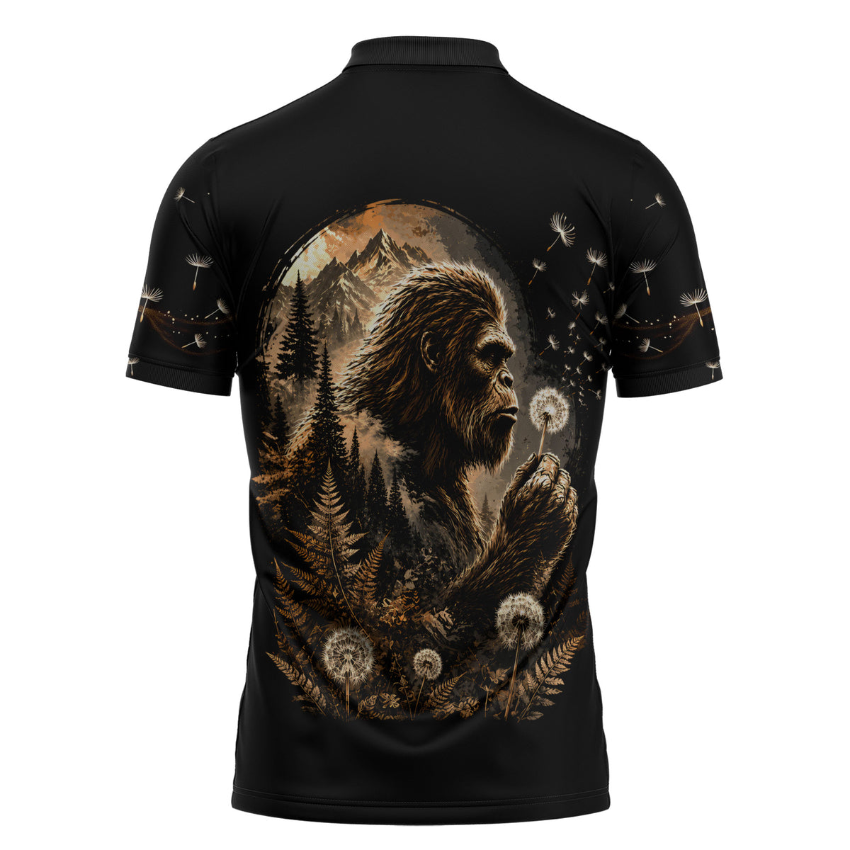 Bigfoot Blowing Wishes Dandelion Zipper Polo Shirt Vintage Sasquatch Art Forest Mountain Nature