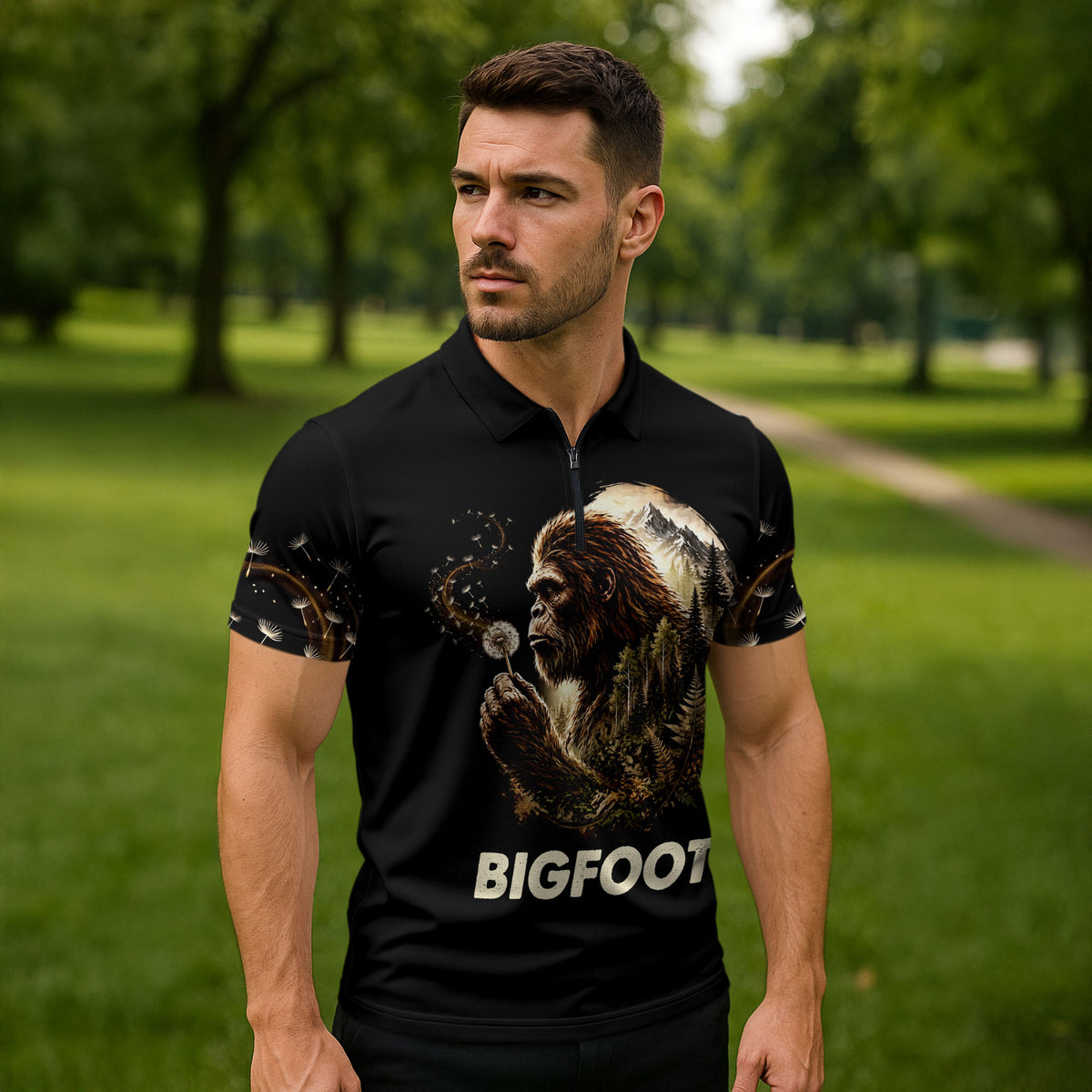 Bigfoot Blowing Wishes Dandelion Zipper Polo Shirt Vintage Sasquatch Art Forest Mountain Nature