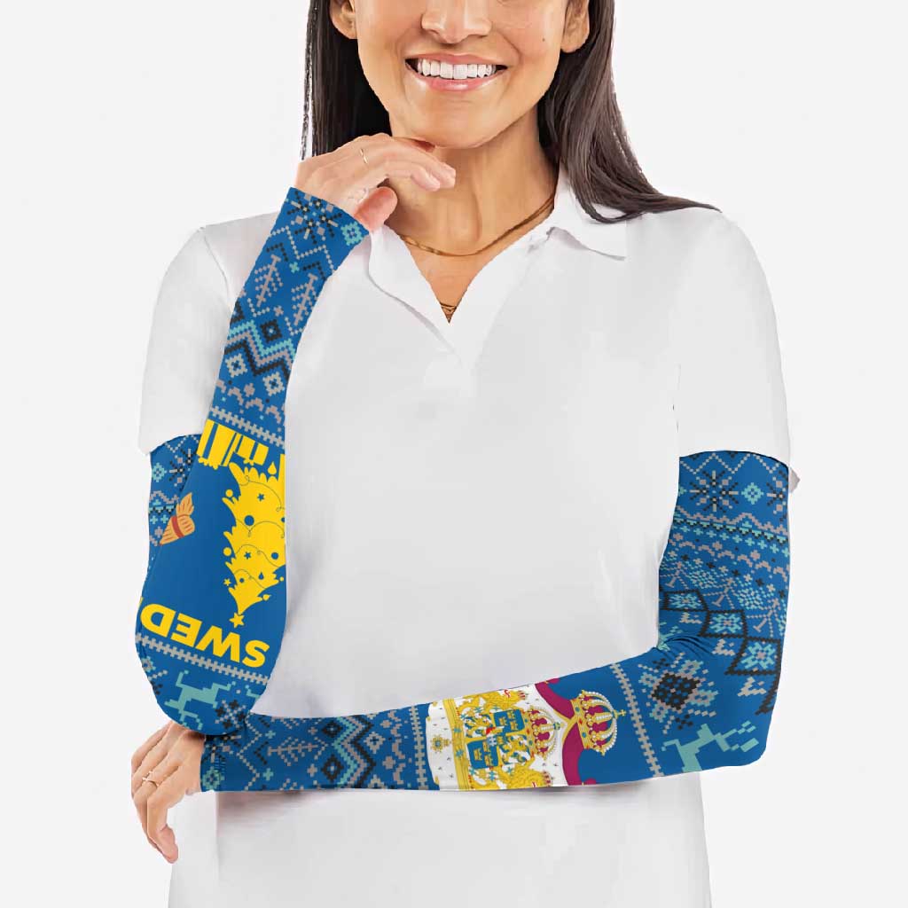 Sweden Christmas Arm Sleeves with Gnome Yule Goat Royal Crest and Nordic Pattern - Wonder Print Shop