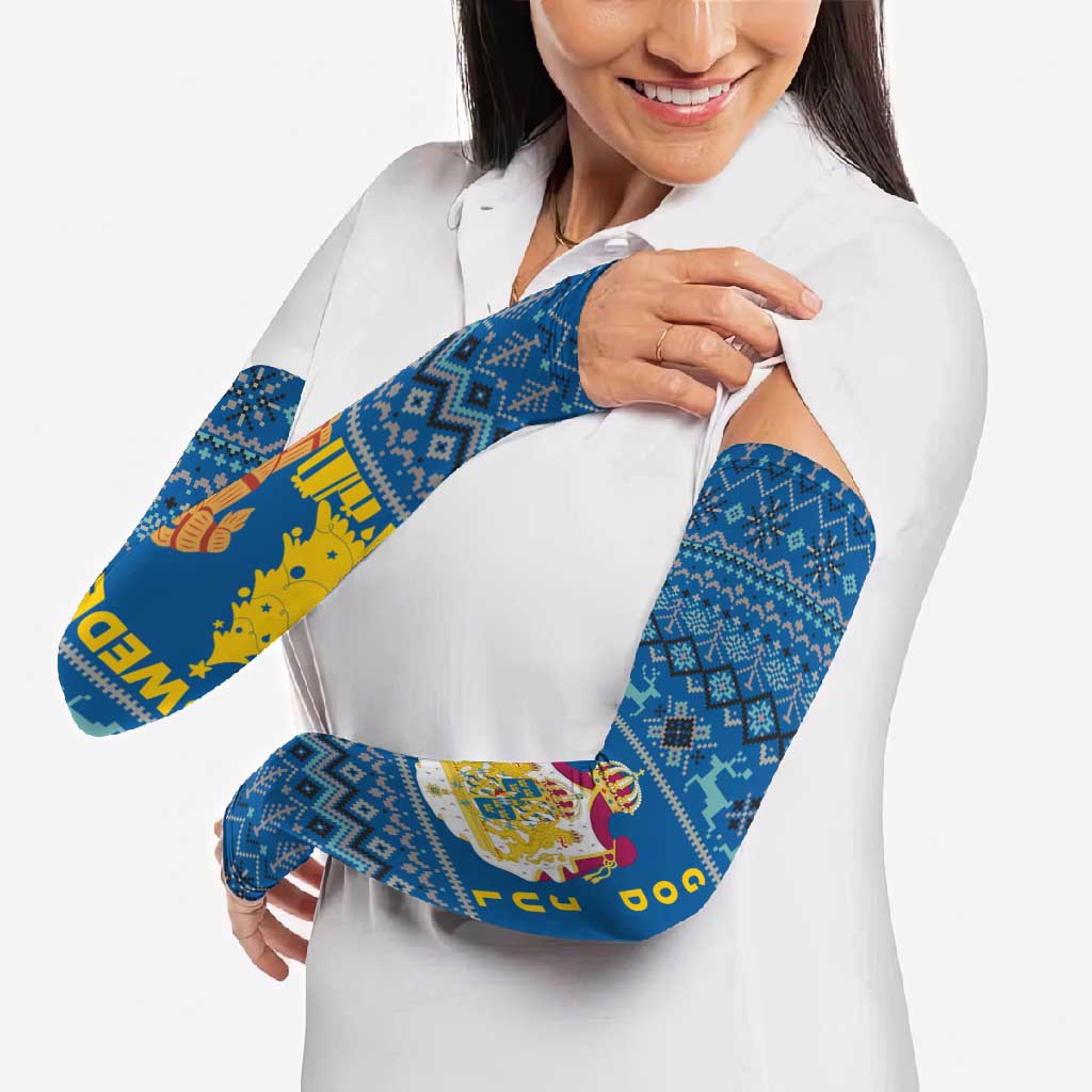 Sweden Christmas Arm Sleeves with Gnome Yule Goat Royal Crest and Nordic Pattern - Wonder Print Shop