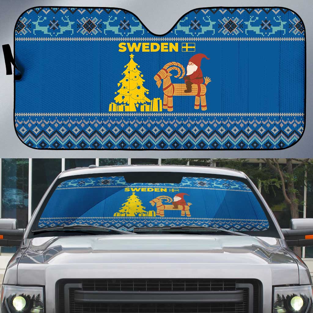 Sweden Christmas Auto Sun Shade with Gnome Yule Goat Royal Crest and Nordic Pattern - Wonder Print Shop