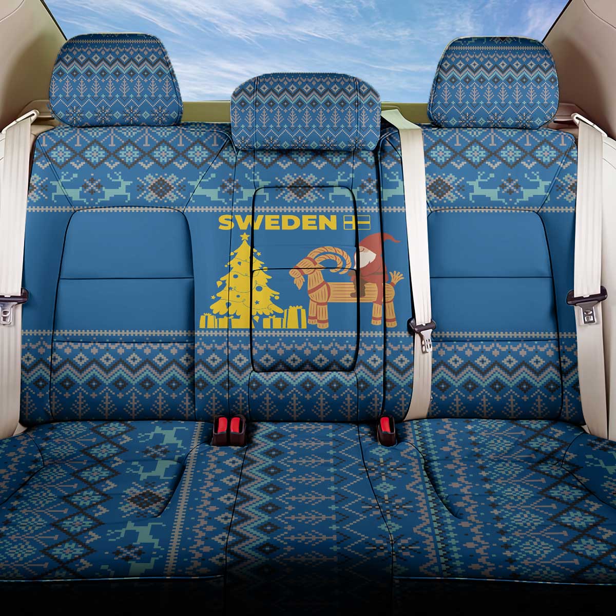 Sweden Christmas Back Car Seat Cover with Gnome Yule Goat Royal Crest and Nordic Pattern - Wonder Print Shop