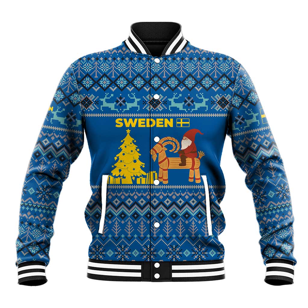 Sweden Christmas Baseball Jacket with Gnome Yule Goat Royal Crest and Nordic Pattern - Wonder Print Shop