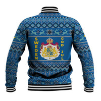 Sweden Christmas Baseball Jacket with Gnome Yule Goat Royal Crest and Nordic Pattern - Wonder Print Shop