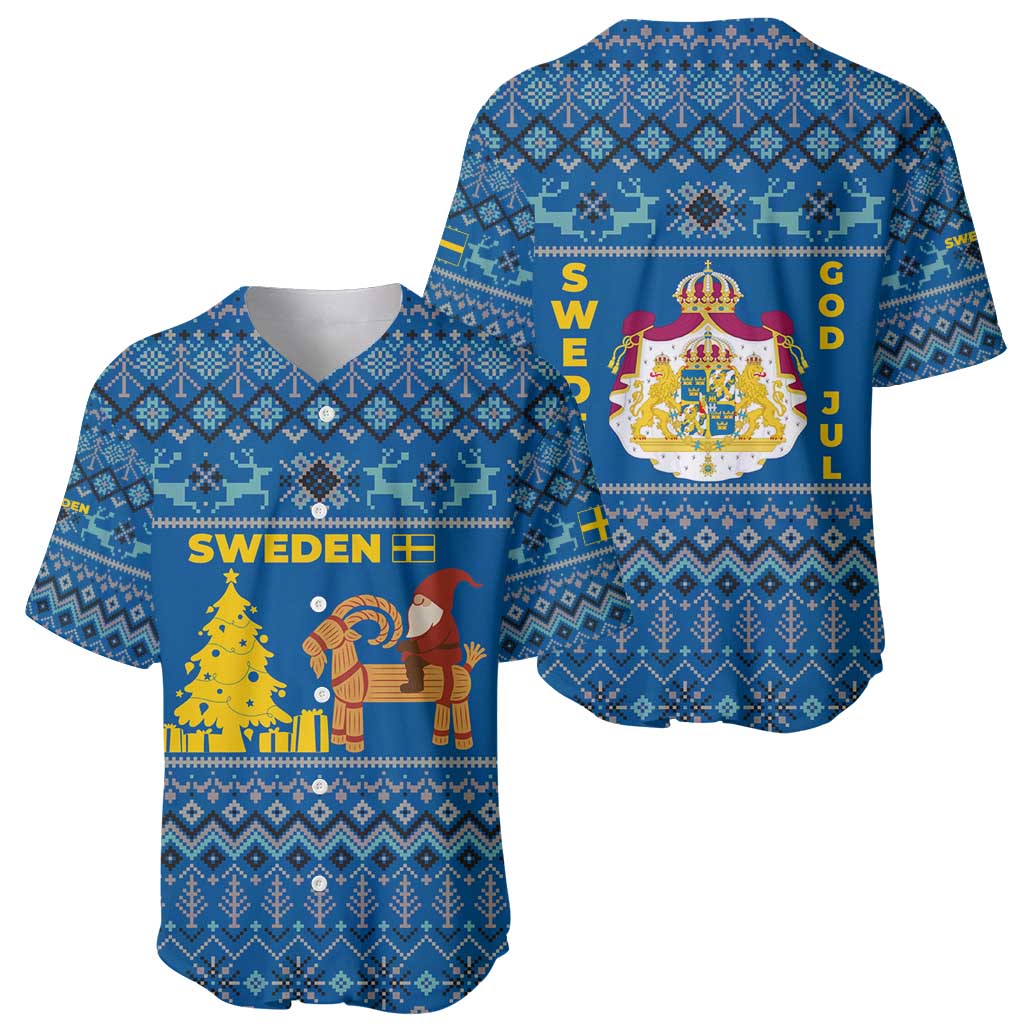 Sweden Christmas Baseball Jersey with Gnome Yule Goat Royal Crest and Nordic Pattern - Wonder Print Shop
