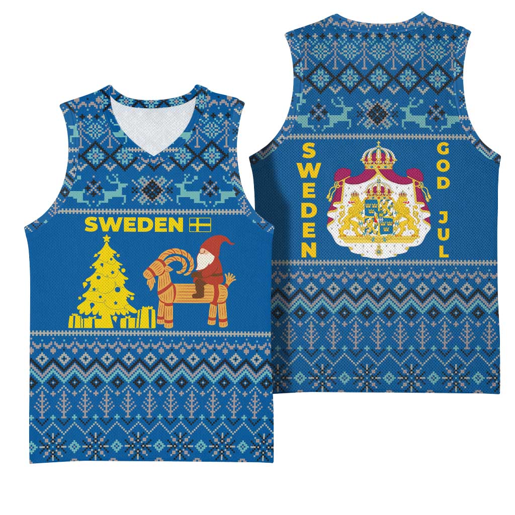 Sweden Christmas Basketball Jersey with Gnome Yule Goat Royal Crest and Nordic Pattern - Wonder Print Shop