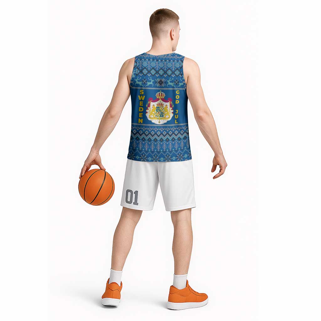 Sweden Christmas Basketball Jersey with Gnome Yule Goat Royal Crest and Nordic Pattern - Wonder Print Shop