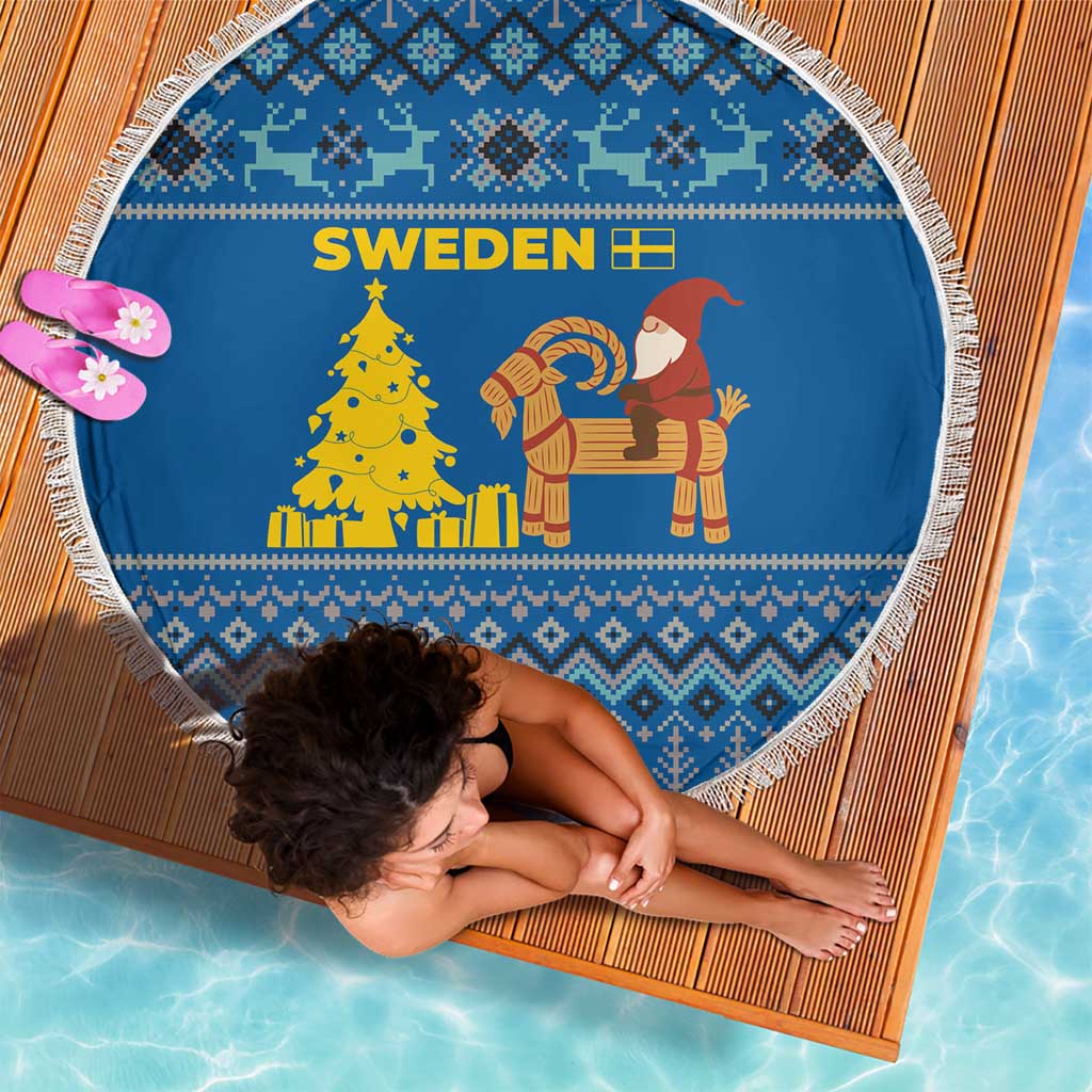 Sweden Christmas Beach Blanket with Gnome Yule Goat Royal Crest and Nordic Pattern - Wonder Print Shop