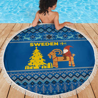 Sweden Christmas Beach Blanket with Gnome Yule Goat Royal Crest and Nordic Pattern - Wonder Print Shop