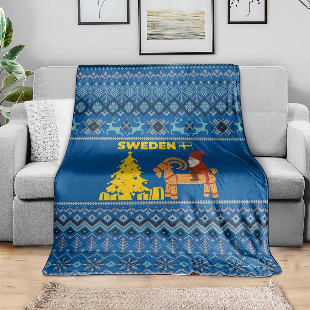 Sweden Christmas Blanket with Gnome Yule Goat Royal Crest and Nordic Pattern - Wonder Print Shop