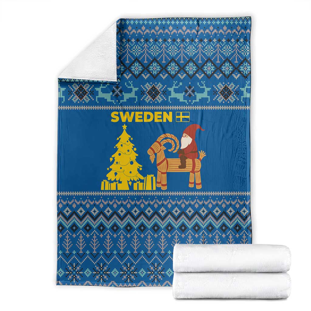 Sweden Christmas Blanket with Gnome Yule Goat Royal Crest and Nordic Pattern - Wonder Print Shop