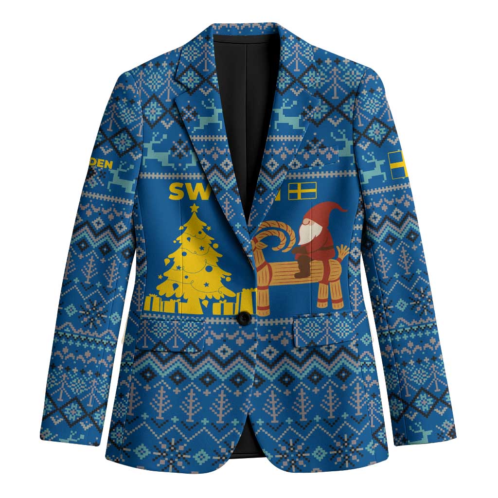 Sweden Christmas Blazer with Gnome Yule Goat Royal Crest and Nordic Pattern - Wonder Print Shop