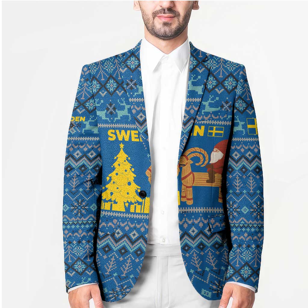 Sweden Christmas Blazer with Gnome Yule Goat Royal Crest and Nordic Pattern - Wonder Print Shop