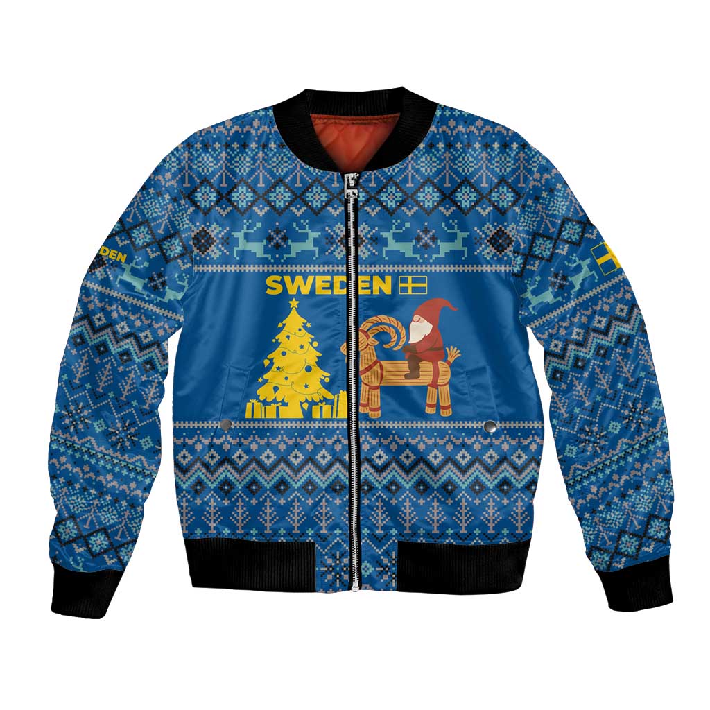 Sweden Christmas Bomber Jacket with Gnome Yule Goat Royal Crest and Nordic Pattern - Wonder Print Shop