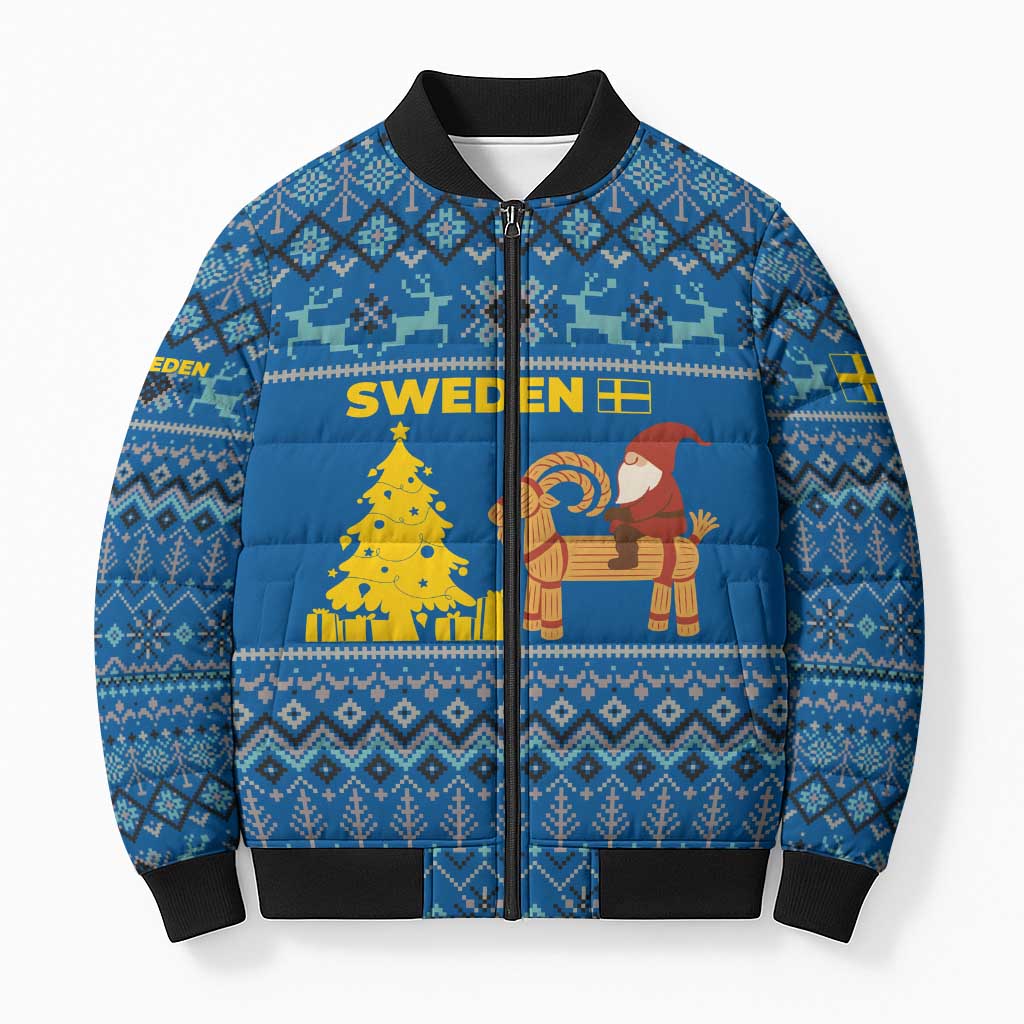 Sweden Christmas Bomber Puffer Jacket with Gnome Yule Goat Royal Crest and Nordic Pattern - Wonder Print Shop