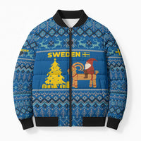 Sweden Christmas Bomber Puffer Jacket with Gnome Yule Goat Royal Crest and Nordic Pattern - Wonder Print Shop