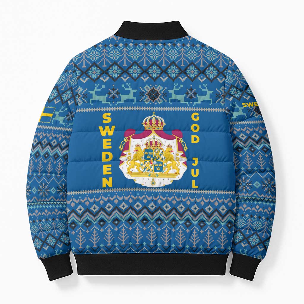 Sweden Christmas Bomber Puffer Jacket with Gnome Yule Goat Royal Crest and Nordic Pattern - Wonder Print Shop