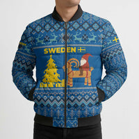 Sweden Christmas Bomber Puffer Jacket with Gnome Yule Goat Royal Crest and Nordic Pattern - Wonder Print Shop