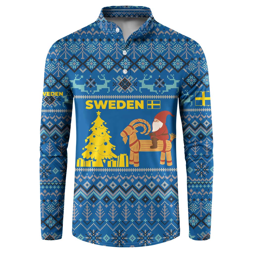 Sweden Christmas Button Sweatshirt with Gnome Yule Goat Royal Crest and Nordic Pattern - Wonder Print Shop