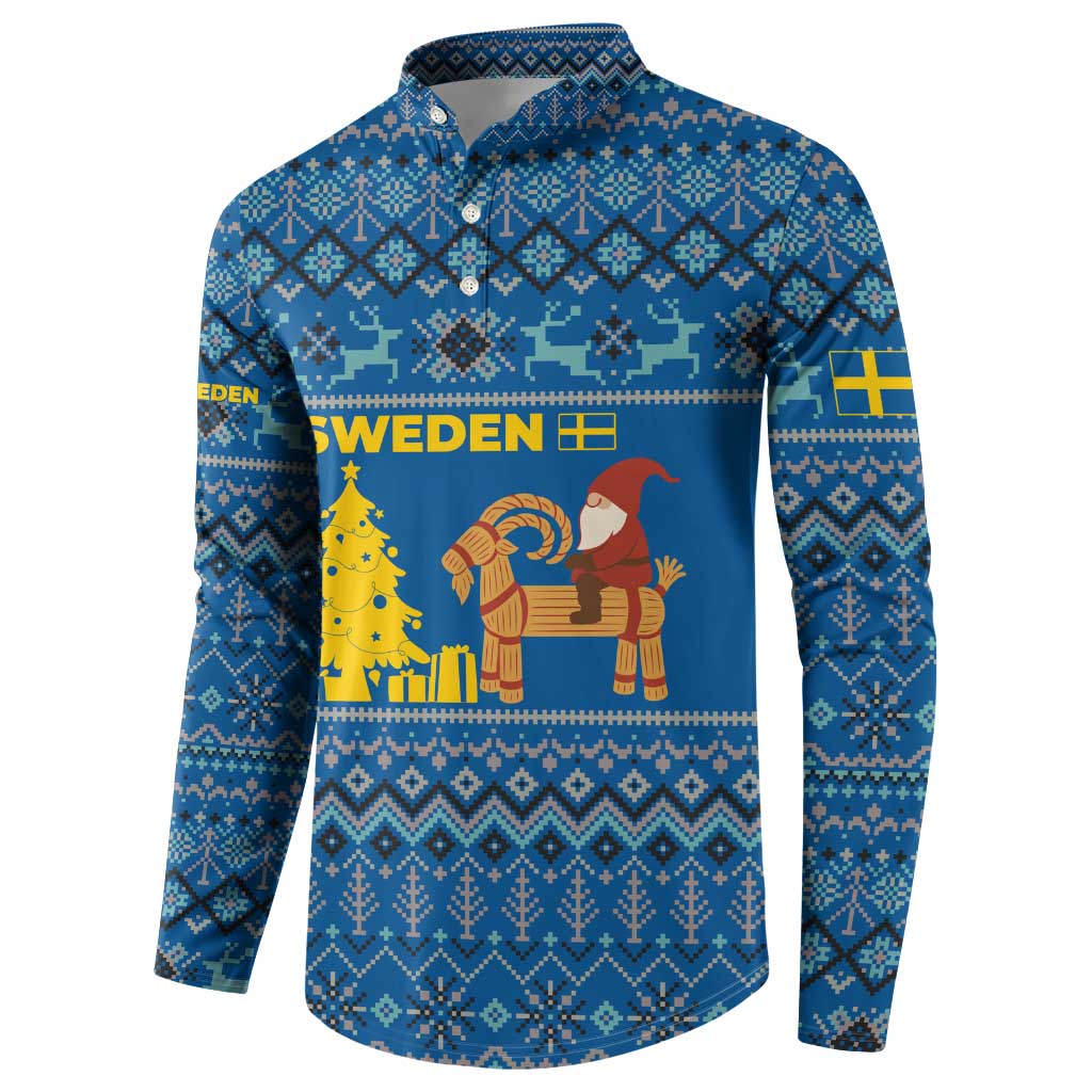 Sweden Christmas Button Sweatshirt with Gnome Yule Goat Royal Crest and Nordic Pattern - Wonder Print Shop
