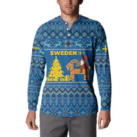 Sweden Christmas Button Sweatshirt with Gnome Yule Goat Royal Crest and Nordic Pattern - Wonder Print Shop