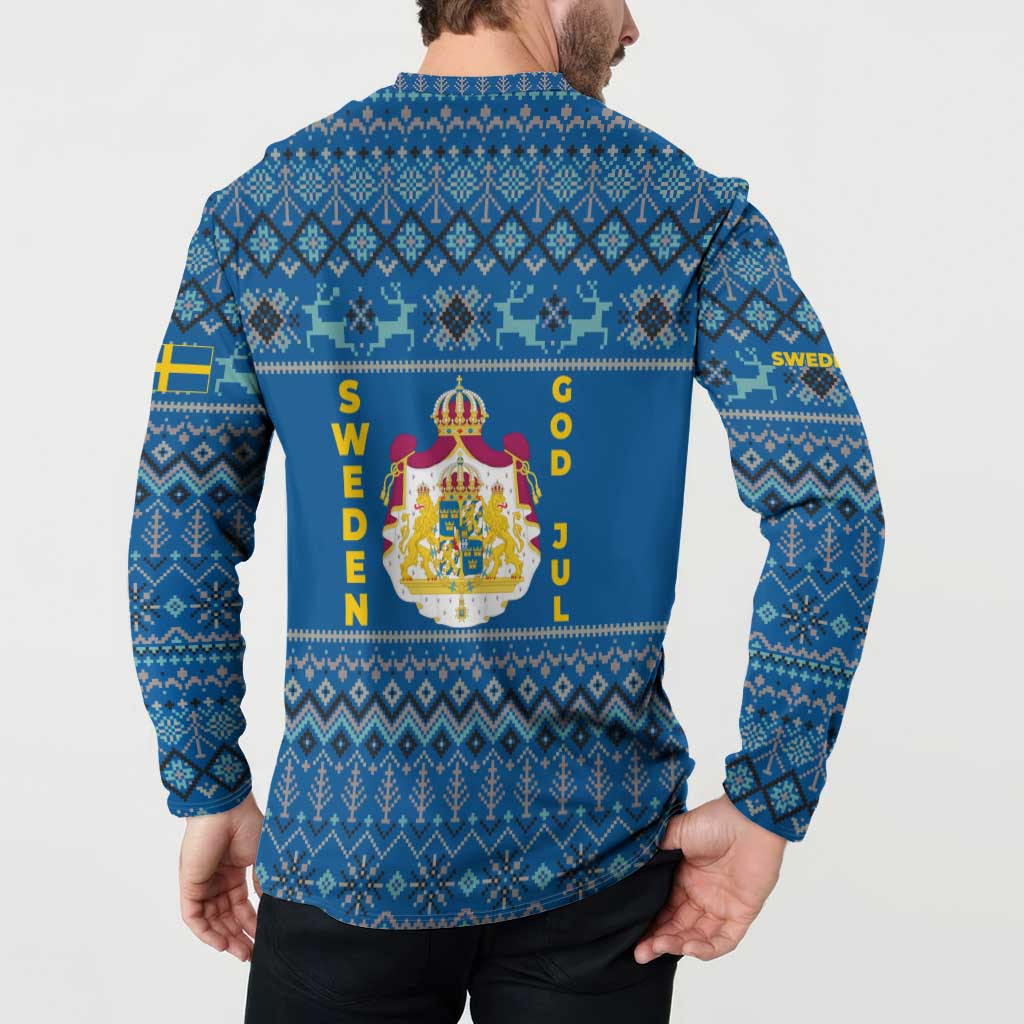 Sweden Christmas Button Sweatshirt with Gnome Yule Goat Royal Crest and Nordic Pattern - Wonder Print Shop