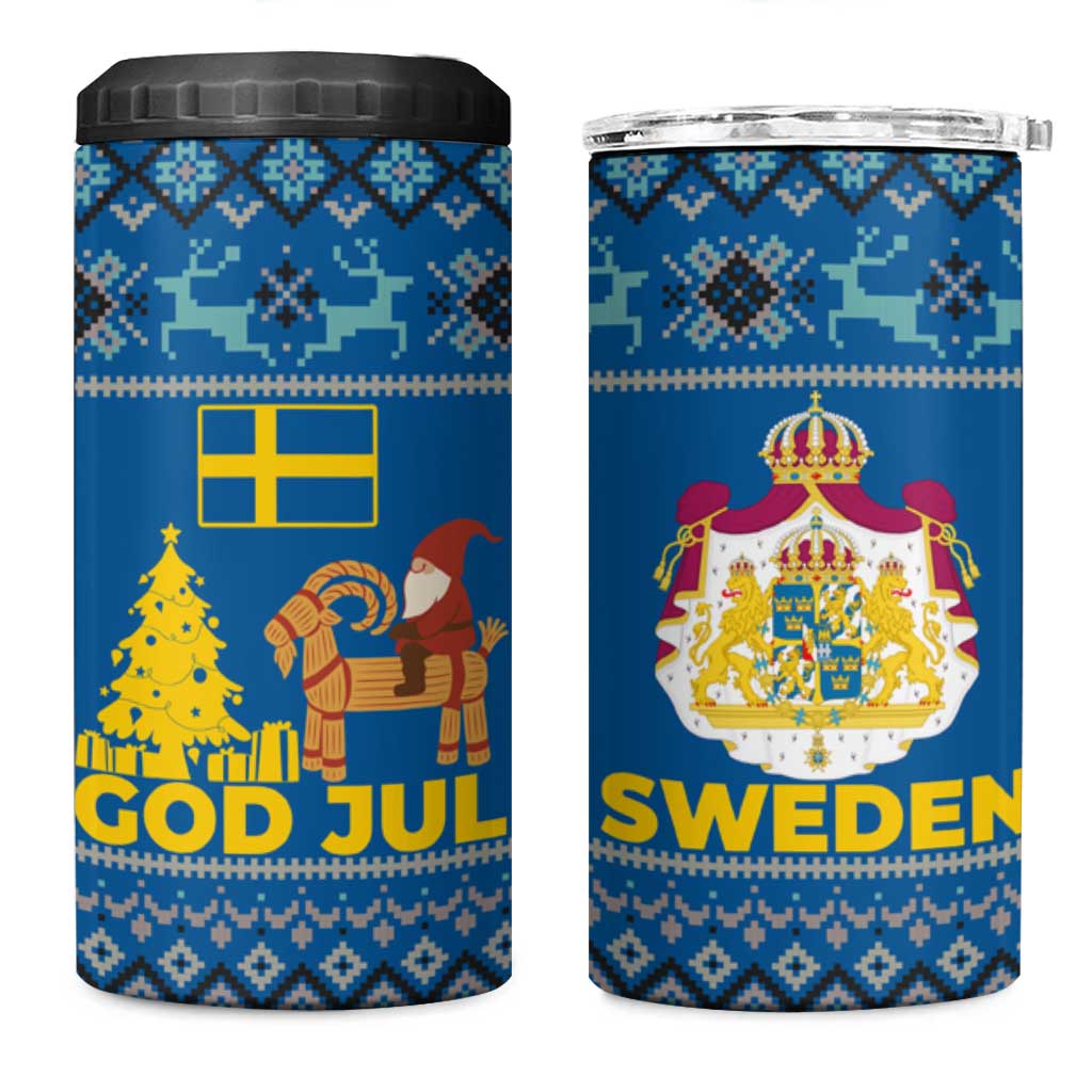 Sweden Christmas 4 in 1 Can Cooler Tumbler with Gnome Yule Goat Royal Crest and Nordic Pattern - Wonder Print Shop