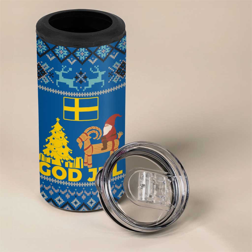 Sweden Christmas 4 in 1 Can Cooler Tumbler with Gnome Yule Goat Royal Crest and Nordic Pattern - Wonder Print Shop