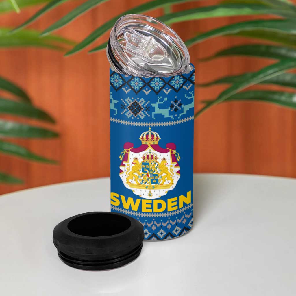 Sweden Christmas 4 in 1 Can Cooler Tumbler with Gnome Yule Goat Royal Crest and Nordic Pattern - Wonder Print Shop