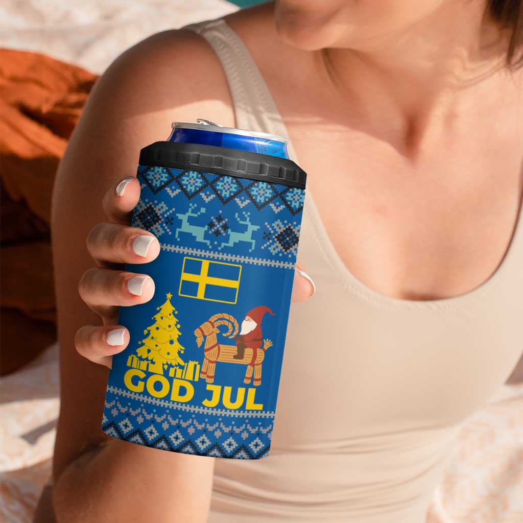 Sweden Christmas 4 in 1 Can Cooler Tumbler with Gnome Yule Goat Royal Crest and Nordic Pattern - Wonder Print Shop