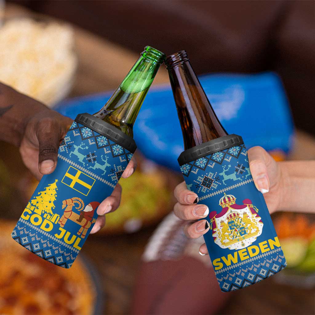 Sweden Christmas 4 in 1 Can Cooler Tumbler with Gnome Yule Goat Royal Crest and Nordic Pattern - Wonder Print Shop