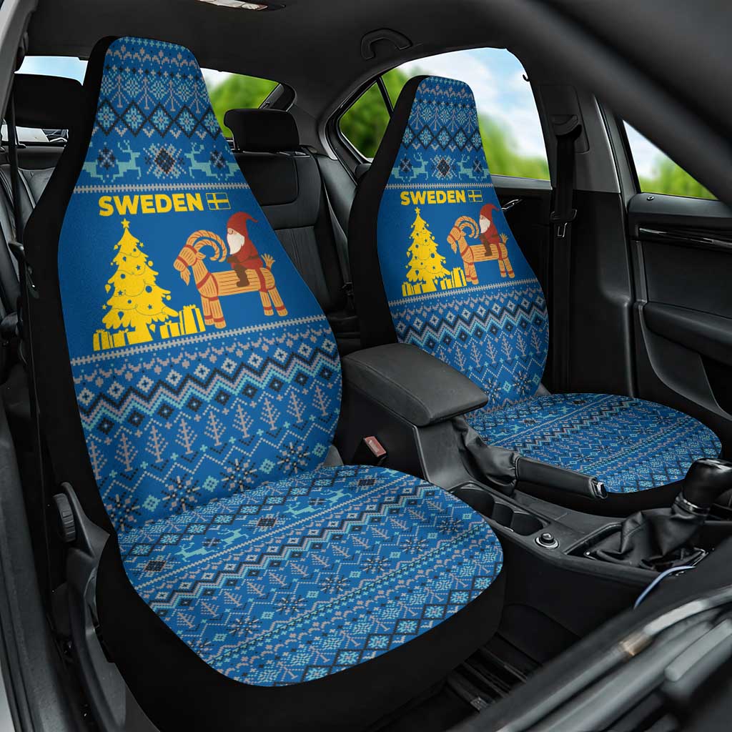Sweden Christmas Car Seat Cover with Gnome Yule Goat Royal Crest and Nordic Pattern - Wonder Print Shop