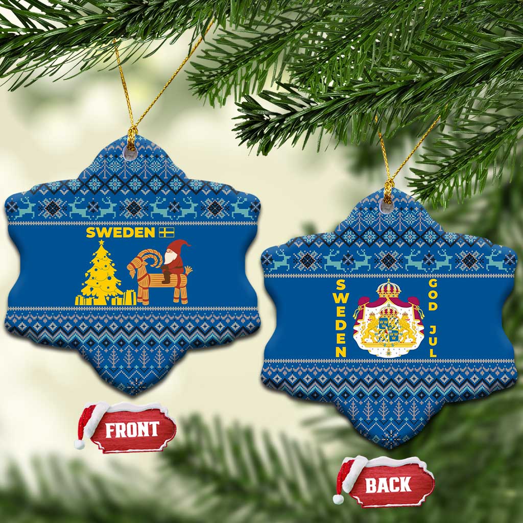 Sweden Christmas Ceramic Ornament with Gnome Yule Goat Royal Crest and Nordic Pattern - Wonder Print Shop