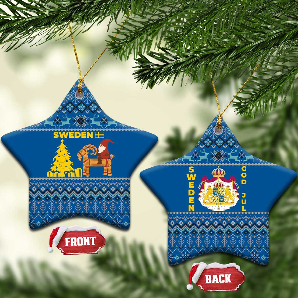 Sweden Christmas Ceramic Ornament with Gnome Yule Goat Royal Crest and Nordic Pattern - Wonder Print Shop