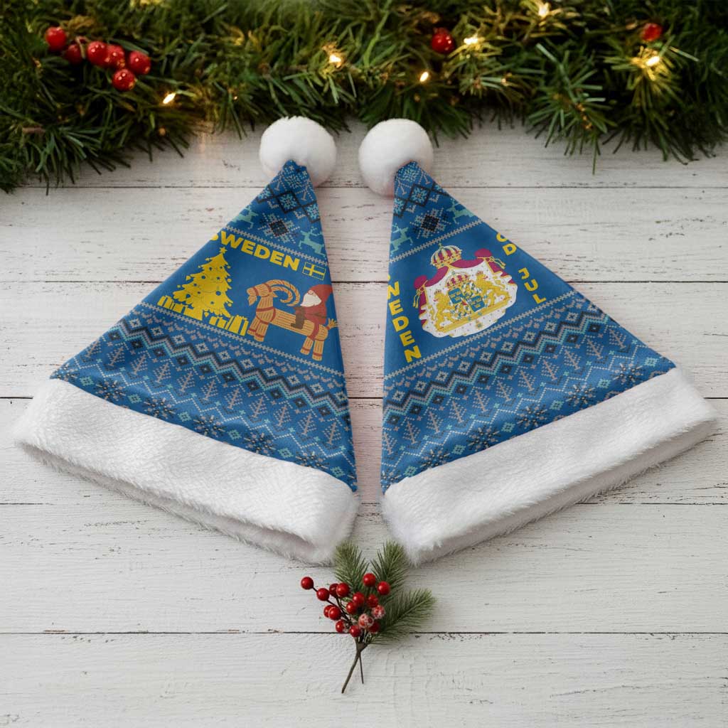 Sweden Christmas Santa Hat with Gnome Yule Goat Royal Crest and Nordic Pattern - Wonder Print Shop