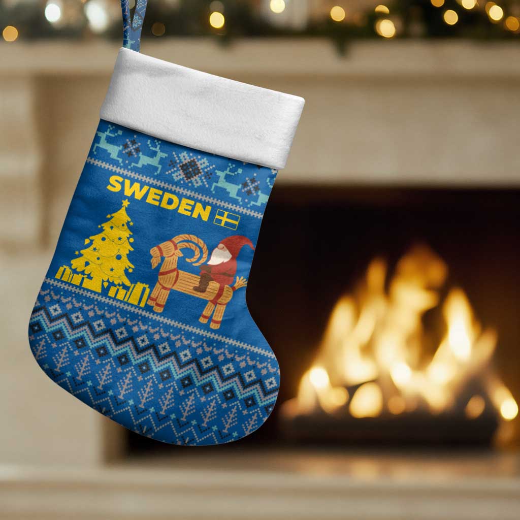 Sweden Christmas Stocking with Gnome Yule Goat Royal Crest and Nordic Pattern - Wonder Print Shop