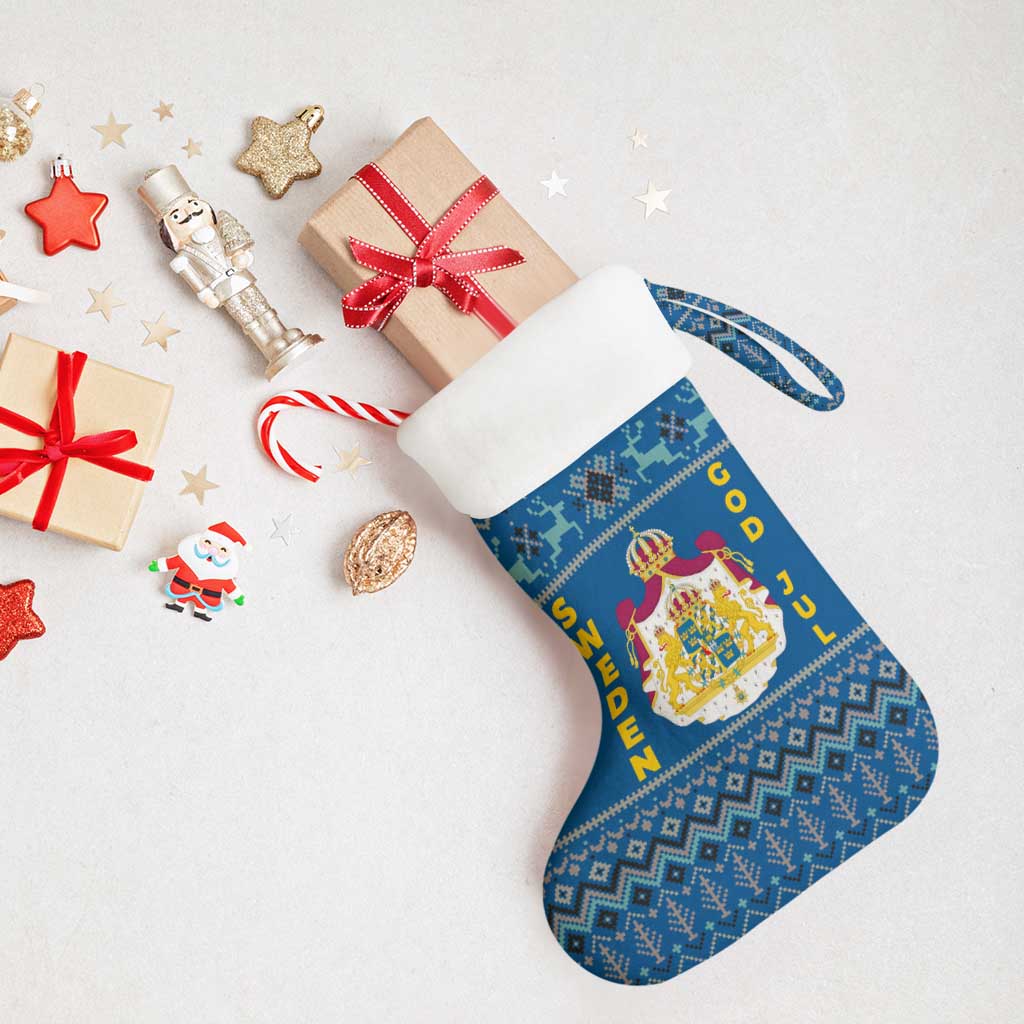 Sweden Christmas Stocking with Gnome Yule Goat Royal Crest and Nordic Pattern - Wonder Print Shop