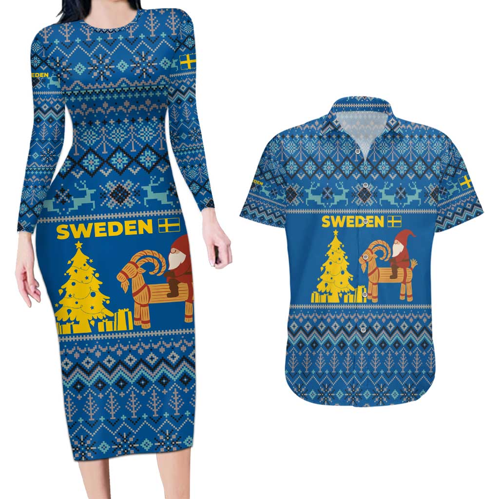 Sweden Christmas Couples Matching Long Sleeve Bodycon Dress and Hawaiian Shirt with Gnome Yule Goat Royal Crest and Nordic Pattern - Wonder Print Shop