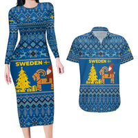Sweden Christmas Couples Matching Long Sleeve Bodycon Dress and Hawaiian Shirt with Gnome Yule Goat Royal Crest and Nordic Pattern - Wonder Print Shop
