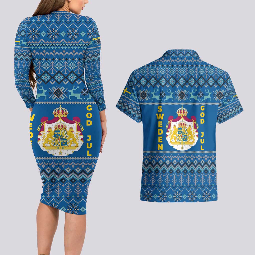 Sweden Christmas Couples Matching Long Sleeve Bodycon Dress and Hawaiian Shirt with Gnome Yule Goat Royal Crest and Nordic Pattern - Wonder Print Shop