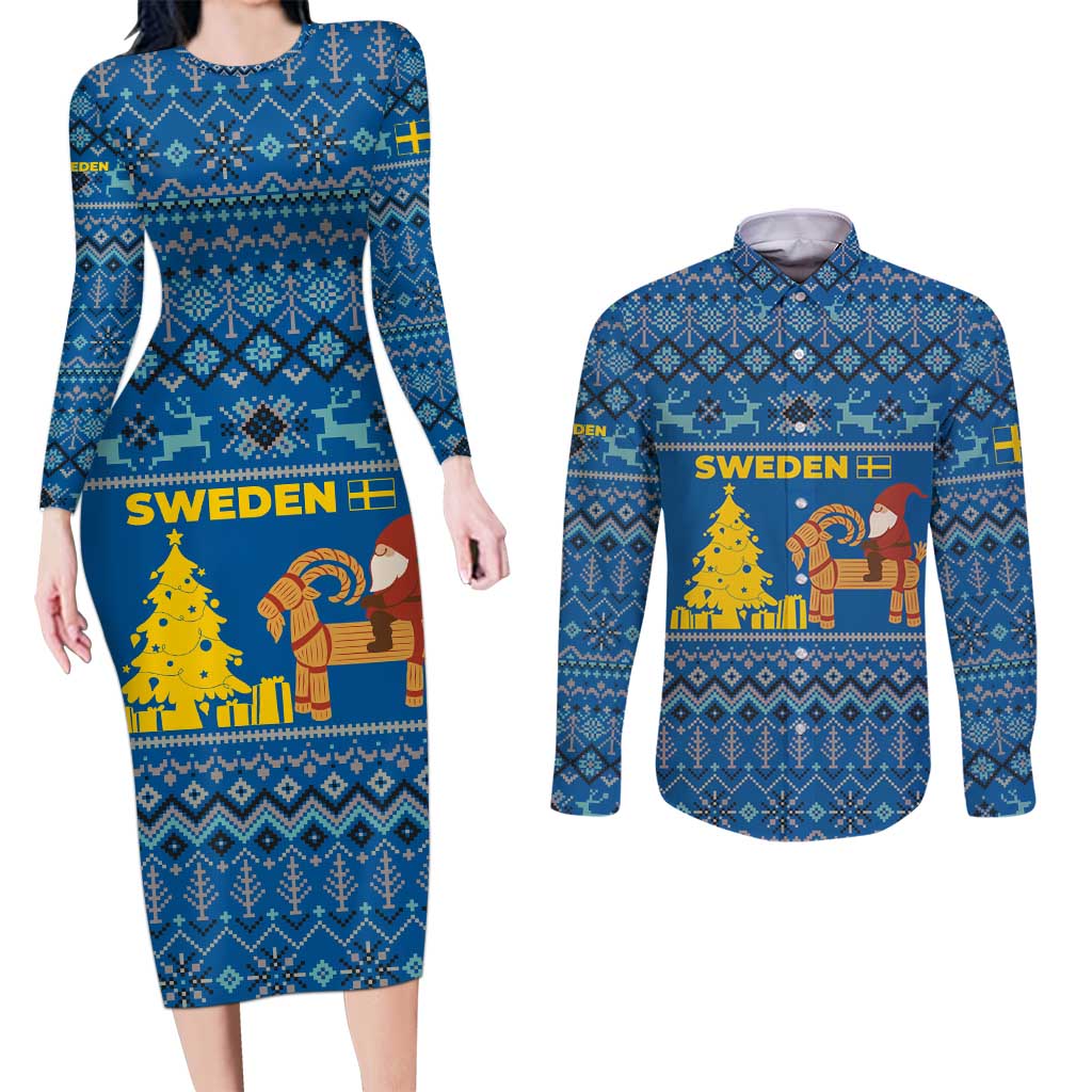 Sweden Christmas Couples Matching Long Sleeve Bodycon Dress and Long Sleeve Button Shirt with Gnome Yule Goat Royal Crest and Nordic Pattern - Wonder Print Shop